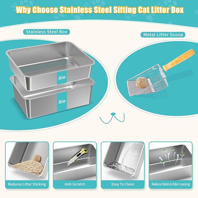 XL Stainless Steel Sifting Cat Litter Box with 6'' Sifting Box & 8'' Bottom Pan, Sifting Cat Litter Pan High Side, No Mess, Nnti-Odor, Easy to Clean, Metal Cat Litter Box with Metal Scooper & Liners