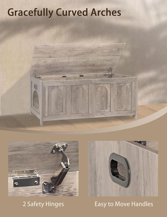 DINZI LVJ Cat Litter Box Enclosure, Flip Top Litter Box Furniture, Hidden Cat Washroom, 2-Entrances Wooden Pet House, 47.2" L x 18.7" W x 19.7" H, End Side Table, TV Stand, Easy to Assemble, Greige