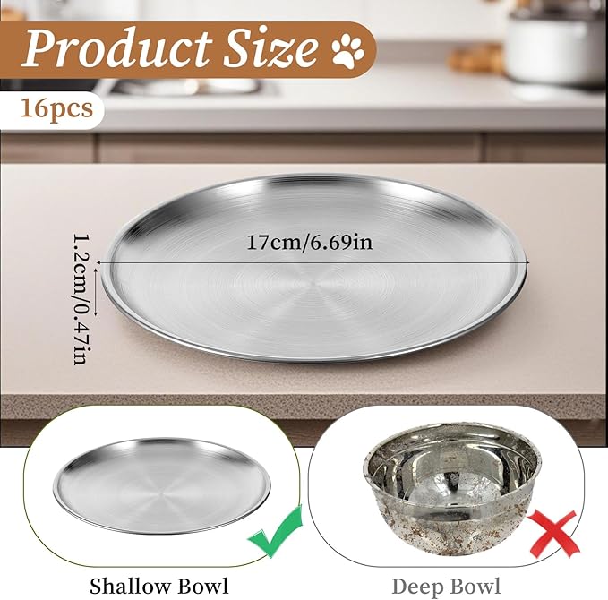 16Pcs Stainless Steel Cat Bowls 6.7Inch Shallow Cats Food Dish Cat Wet Food Bowl Whisker Friendly Cats Bowl for Kitten and Small Pets