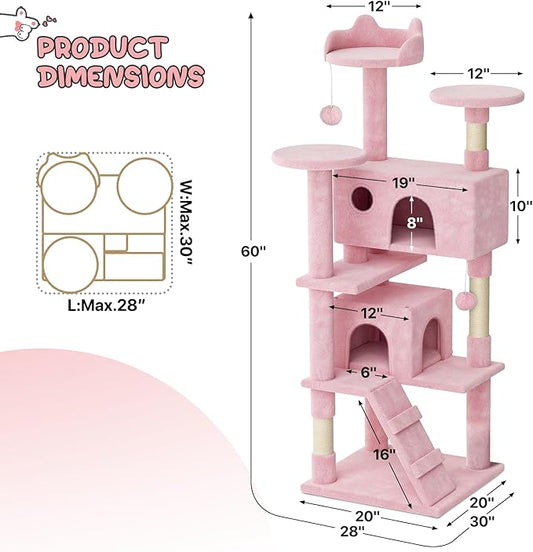 MoNiBloom 60 Inch Cat Tree Tower for Indoor Cats Large Adults, Pink Cat Tower with Scratching Post, Multi-Level Furniture Activity Center with Cat Condo Pet Play House, Soft Pink