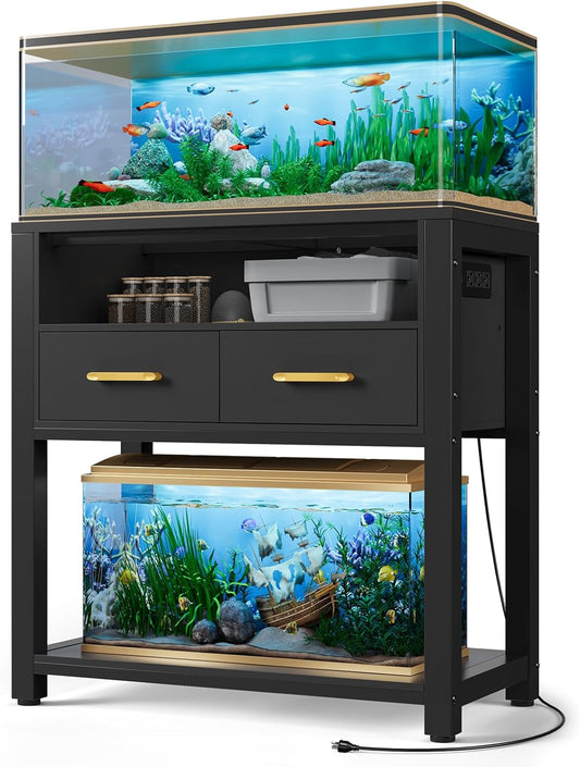 20-29 Gallon Aquarium Stand with Stable Metal Frame & Power Outlet, Heavy-Duty Fish Tank Stand with Waterproof Mat, 550LBS Capacity Storage Cabinet, Black