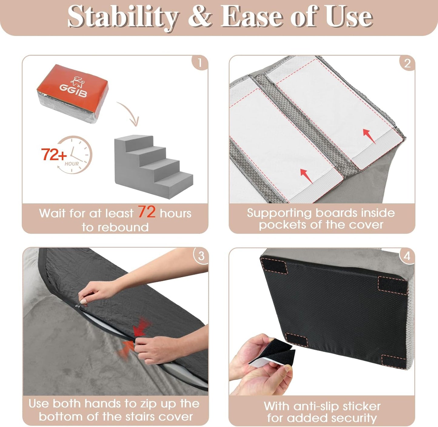 GGIB Non-Slip Pet Stairs for Small Dogs & Cats - 4-Step, Removable Washable Cover, Light Grey, 17" H