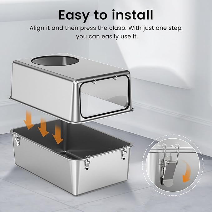 Stainless Steel Litter Box with Lid – Dog Proof, XL Enclosed Metal, High Side, Odor Control, for Big Cats & Multi-Cat Household, Black, Dubble Entry (Top and Front)