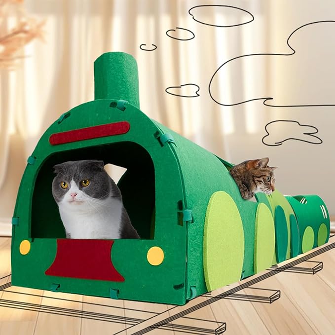 Cat Tunnel Train with Scratching Board, Cat Interactive Toys 51" Non-Foldable Rebound Felt Cute Pet Tube Round Indoor Pet Toy & Hideout for Small Medium Kitten