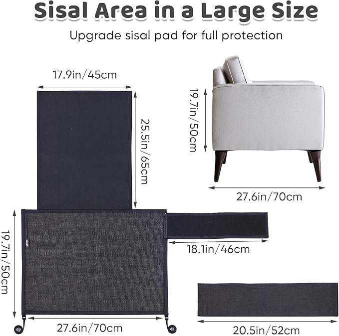 NATUYA Cat Scratch Couch Protector, Sisal Furniture Protector Cats Scratching Pad, Anti-Cat Scratch Sofa Armrest Couch Protective Shield with Pocket (Black, Fit Left or Right)