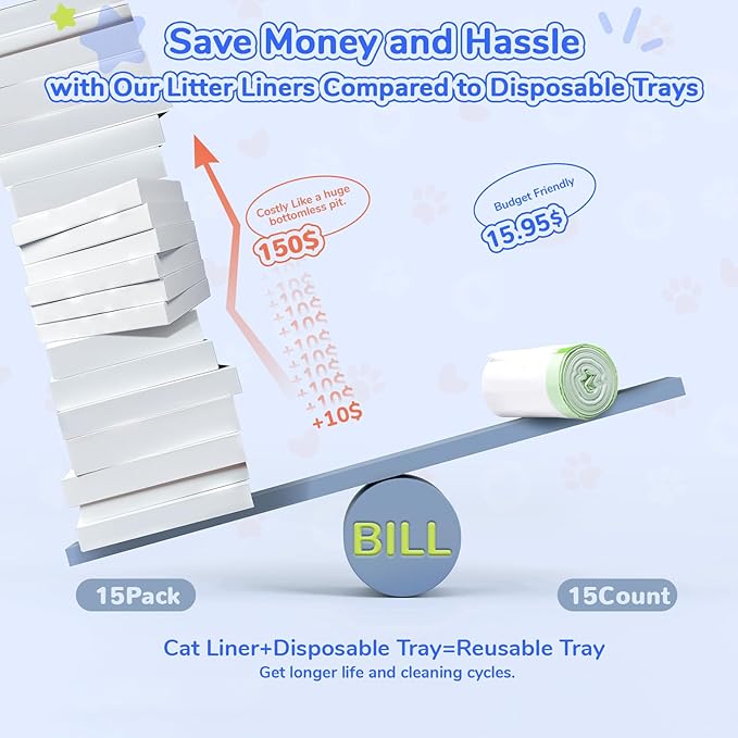 Cat Litter Liners for Pet Scoop Free Crystal Litter Tray, Open/Hooded Litter Pan and Pull-out Litter Box Sliding Drawer, Tear-resistant Disposable Replacement Kitty Poop Bags (15 Count, 37 W x 13 H)