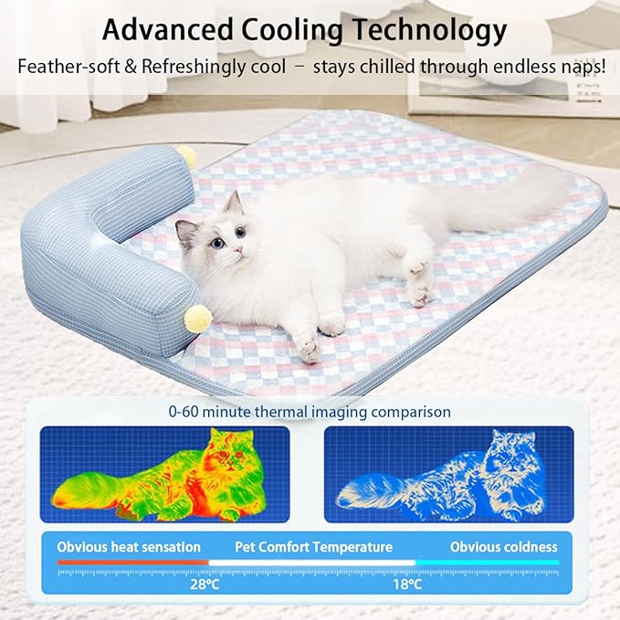 Summer Cooling Cat Bed-Cooling Cat Mat with 4.33inch Pillow for Kittens & Cats, Machine-Washable Cushion Calming Bed for Persian, Siamese, Small Pets (Blue-21"x15"x4")