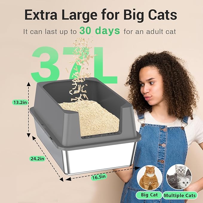 Extra Large Stainless Steel Cat Litter Box with High Sided Walls for Big Cats, Anti Urine Leakage, Odorless and Easy Cleaning, for Healthy Cats, Includes Foot Pad & Scoop - XXL Litter Box
