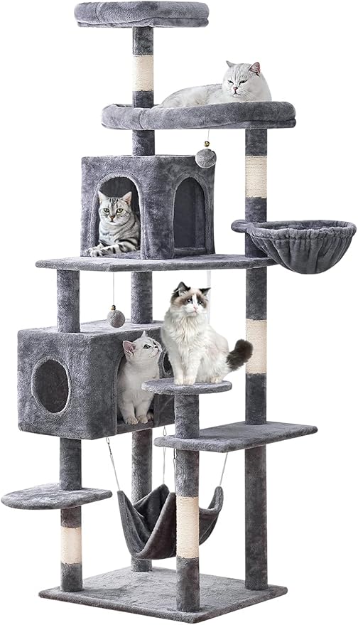 Cat Tree 71.6 inches Cat Tower for Indoor Cats, Multi-Level Cat Condo Furniture with Scratching Posts, Plush Perches, Activity Center with Cozy Basket & Hammock for Large Cats,Light Gray