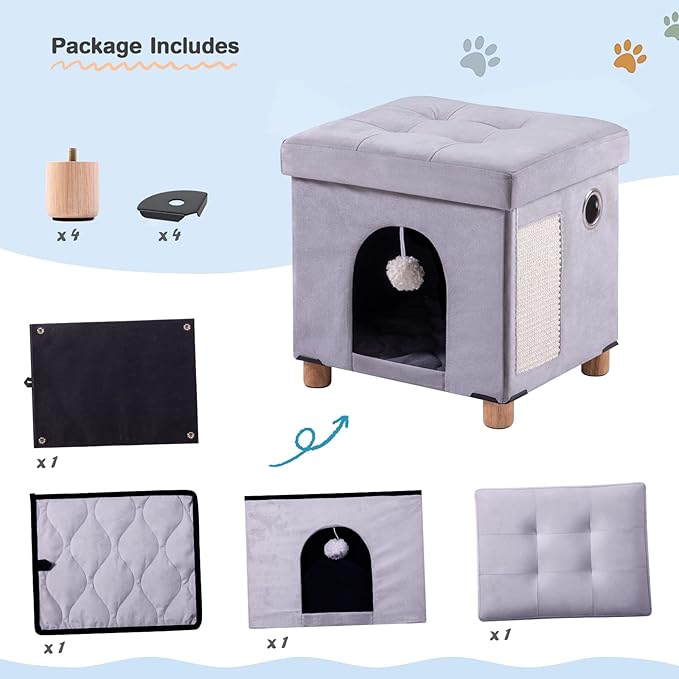 BRIAN & DANY Foldable Cat House for Indoor Cats, Large Cat Cube for Pet Cave with Scratch Board & Ball, 14.7" x 14.1” x 12.7”, Light Gray