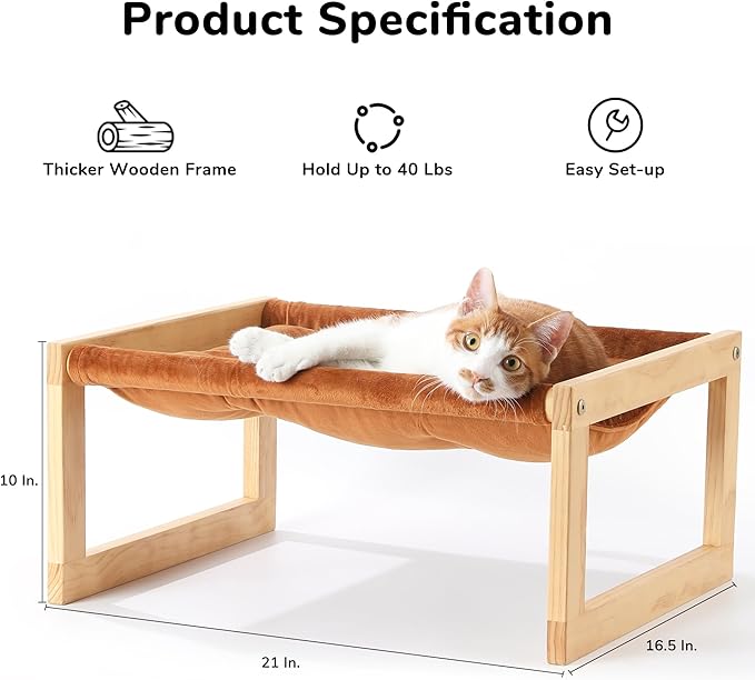 FUKUMARU Cat Bed with Removable Cover, Plush Velvet Couch for Indoor Cats, Wooden Feline Hammock, 21 x 16.5 Inch Kitten Sofa, Suitable for Kitty, Dog, Bunny and Small Animal, Brown