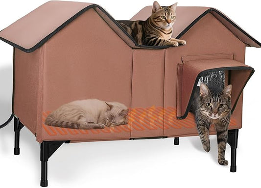 Extra Wide Large Heated Cat House for Outside, Elevated Waterproof Outdoor Cat House Weatherproof for Winter, Insulated Outdoor Cat Shelter with Escape Doors and Heating Pad for Multiple Cats, Brown
