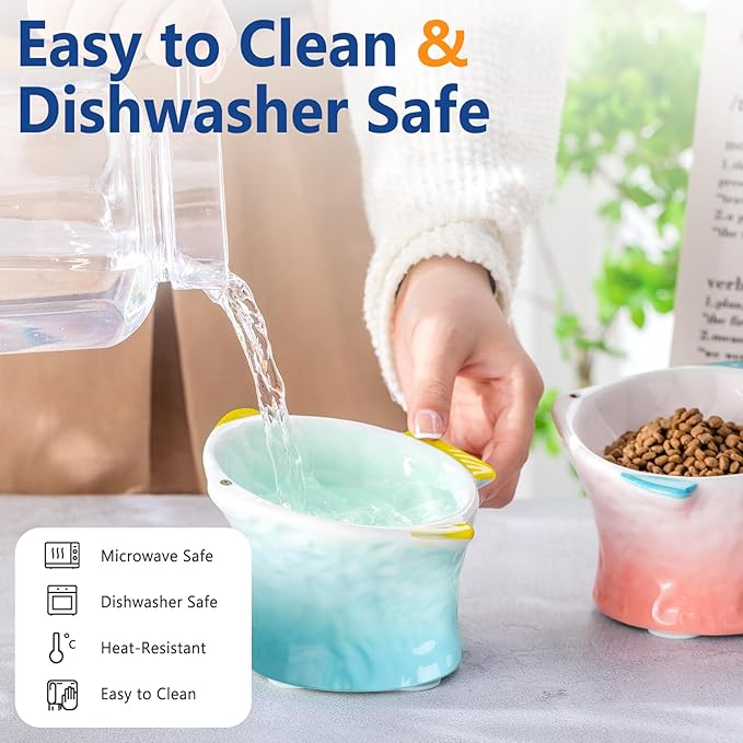 Tioncy 2 Pcs Raised Tilted Ceramic Cat Food Bowl Fish Shape Cute Elevated Slanted Shallow Angled Cat Dish Non Slip Feeder Bowl for Anti-Vomiting and Whisker Fatigue(Green, Pink)