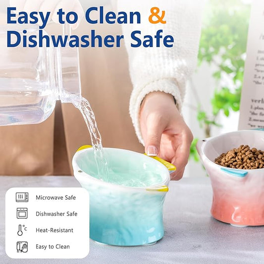 Tioncy 2 Pcs Raised Tilted Ceramic Cat Food Bowl Fish Shape Cute Elevated Slanted Shallow Angled Cat Dish Non Slip Feeder Bowl for Anti-Vomiting and Whisker Fatigue(Green, Pink)