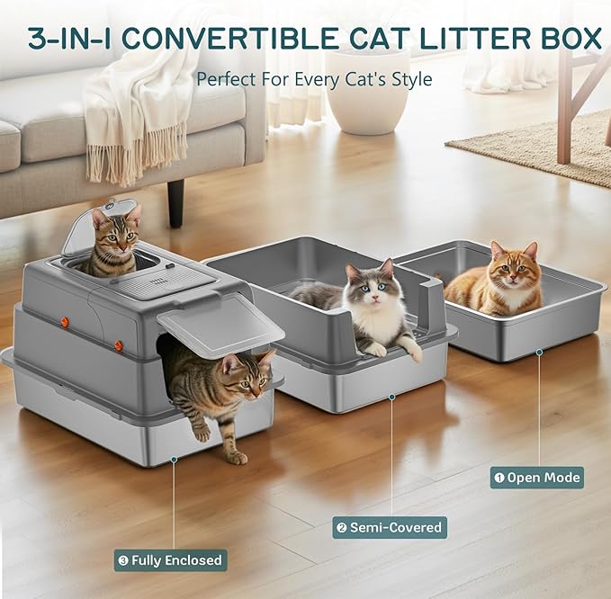 Stainless Steel Litter Box with Lid, 28" XXXL Large Cat Litter Box Enclosure for Multiple Cats, Odor Control with Carbon Filters, Anti-Leak High Sided, Includes Removable Lid & Scoop, Dark Gray