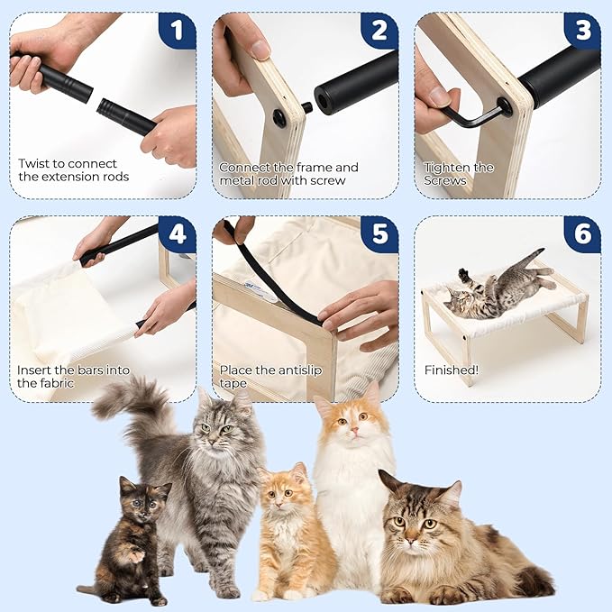 Cat Bed with Washable Pad - 9.5" Elevated Wooden Cat Hammock Bed, 360° View Design, Cot with Breathable Summer Mattress for Kitty, Puppy, Rabbit and All Pets