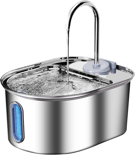 Cat Water Fountain Stainless Steel, 108oz/3.2L Quiet Automatic Water Dispenser for Dogs, Safe Auto Shut-Off, Large Oval Pet Water Fountain for Cats Indoor with 1 Replacement Filter