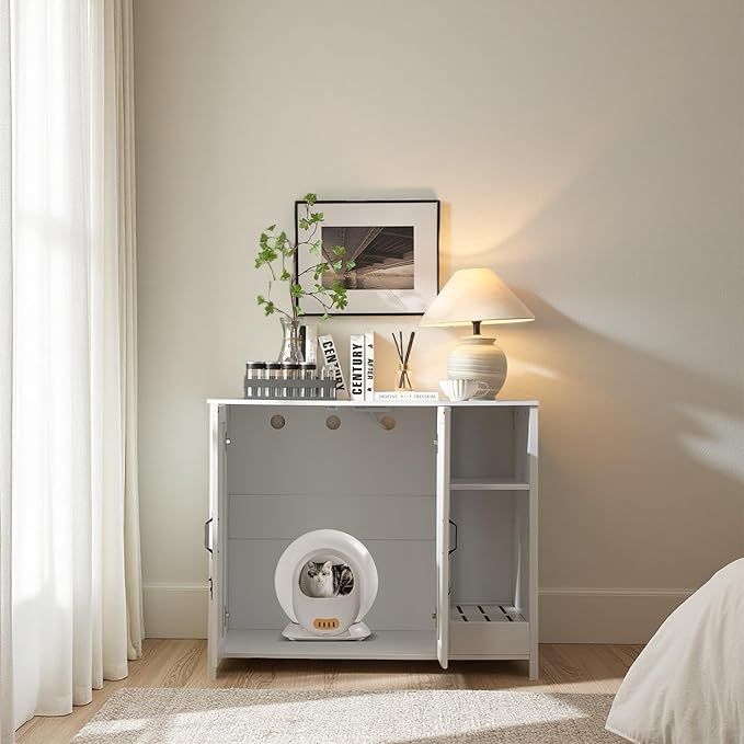 Cat Litter Robot Enclosure with Litter Collector,Cat Litter Cabinet with Dog Proof Adjustable Shelf,for Placing Litter Robot 3/4,Power Outlet (Cloud White)