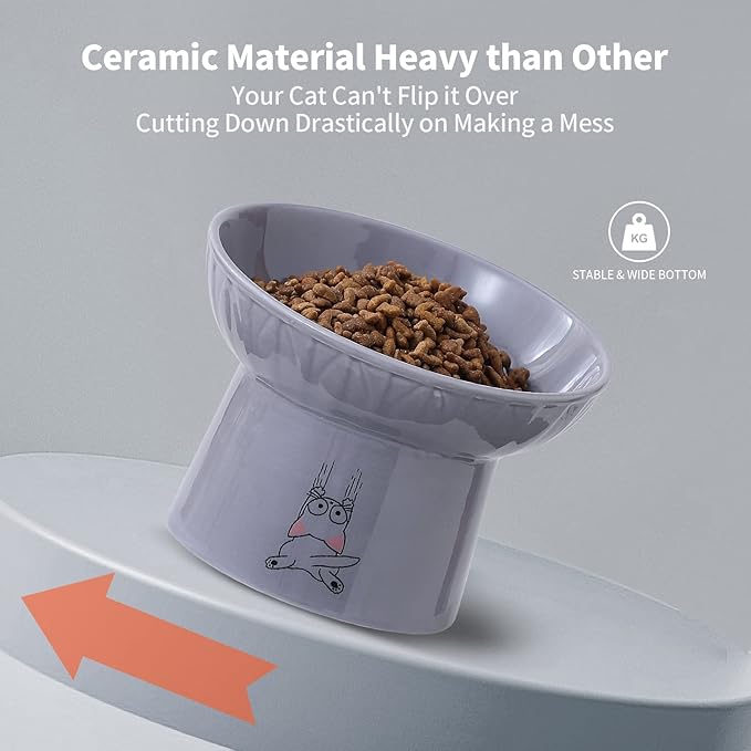OMAYKEY 6.5 Inch Extra Wide Ceramic Raised Cat Bowl Set, Tilted Elevated Cat Bowls for Food and Water, Prevent Whisker Fatigue, Stress Free, Less Vomiting, Protect Spine, White & Grey