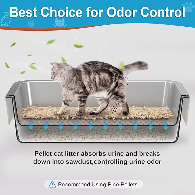 XL Stainless Steel Sifting Litter Box for Big Cats,Metal Sifting Cat Litter Box for Wood Pine Pellets,Extra Large Sifter Litter Pan System,Odor Control,Easy to Clean,with Liners and Metal Scoop