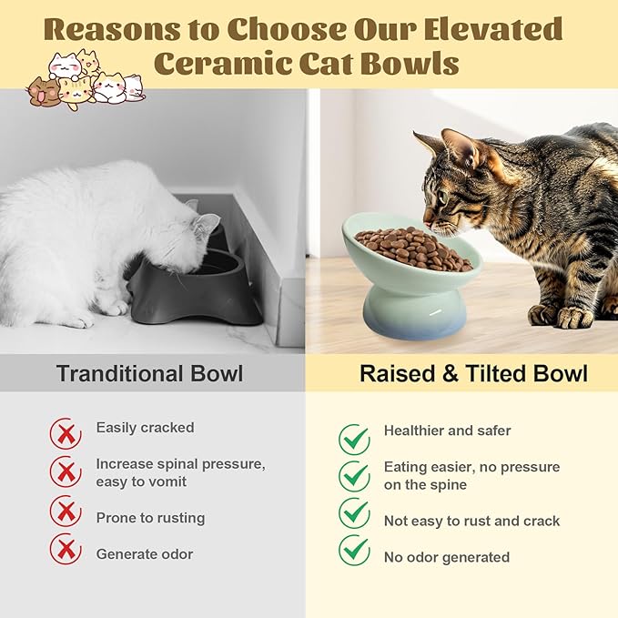 4Pcs Ceramic Raised Cat Bowl Elevated Cat Bowls Tilted Cat Food Dishes Pet Bowl Stand Feeder Cute Cats Bowl for Kittens Puppies Small Dog Whisker Fatigue Protect Kitten Spine(Gradient Color)