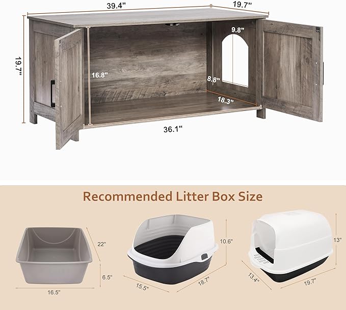 Homhedy 39.4" L Cat Litter Box Enclosure, Pet House with Barn Door, Wooden Cat Washroom Furniture, Fit Most of Litter Box, Greige