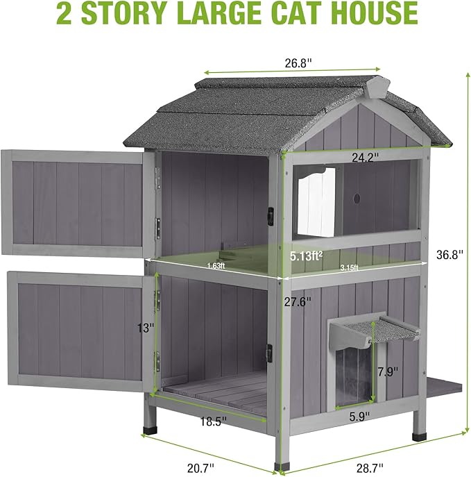 GUTINNEEN Cat House Outdoor Weatherproof Feral Cat Shelter with Removable Floor, 2-Story Wooden Kitty House with Escape Doors and Window