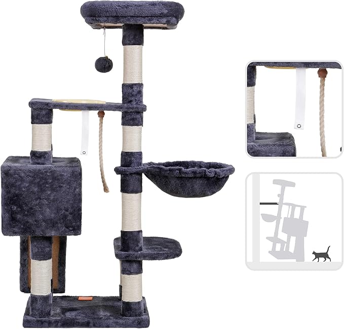 Heybly Cat Tree, Cat Tower for Indoor Cats with Scratching Board, Multi-Level Cat Furniture Condo with Feeding Bowl Smoky Gray HCT010SG