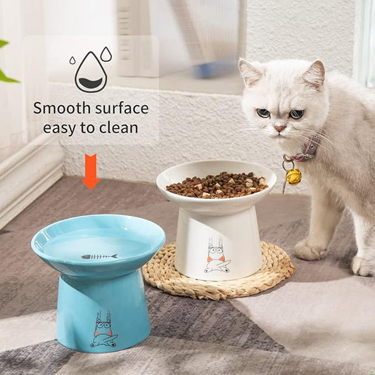 OMAYKEY Extra Wide Elevated Cat Bowls, 6.5 Inch Ceramic Raised Cat Bowl Set for Food and Water, Wide Shallow Pet Food Dishes Feeder, Whisker Fatigue, Protect Pets' Spines, White & Blue