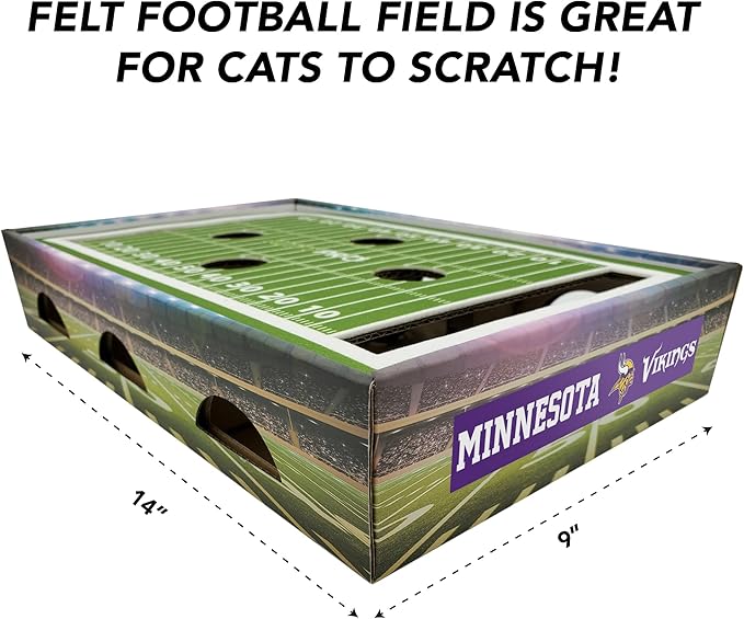 NFL Minnesota Vikings Football Stadium Cat Scratcher Find & Play Box With 2 Jingle Bell Balls - Game Day Toy, Field Felt Scratcher, Play and Lounge Stimulating Game