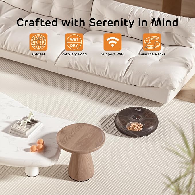 [Stainless Steel Tray Version] iPettie Donut Frost WiFi 6 Meal Automatic Wet Food Feeder with Ice Packs for Senior and Weak Pets, App Control Programmable Timer, Holds 6 x ½ lb. of Food, Black