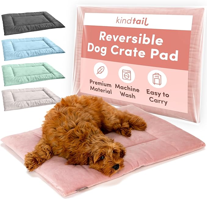 KindTail Dog Crate Pad - Soft Velvet, Reversible Bed - Machine Washable Kennel Mat for Pets up to 25 lbs - Mattress for Cozy Sleeping - 25” x 19” x 1” (Pink, Medium)