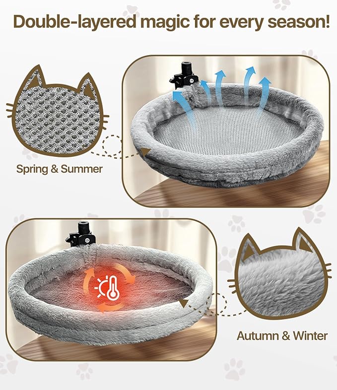 Cat Desk Bed, Cat Hammock for Home Office, 360°Rotating & Adjustable Shelf, Removable Comfortable Soft Pet Nest Bed, Modern Unique Kitten Furniture Attachment for Game Tables, Grey