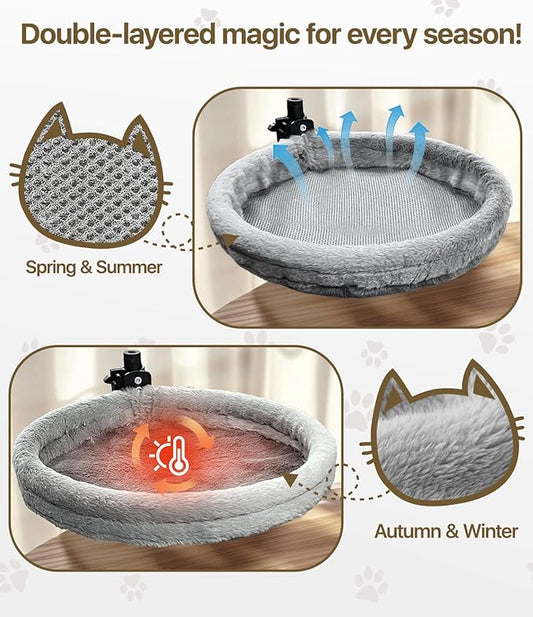 Cat Desk Bed, Cat Hammock for Home Office, 360°Rotating & Adjustable Shelf, Removable Comfortable Soft Pet Nest Bed, Modern Unique Kitten Furniture Attachment for Game Tables, Grey