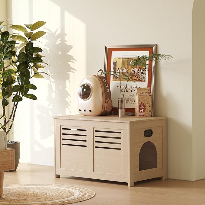 DINZI LVJ Litter Box Enclosure, Flip Top Litter Box Furniture, Hidden Cat Washroom, Wooden Cat House, End Table, 31.5" L x 19.7" W x 19.7" H, Good Ventilation, Easy to Assemble, Natural