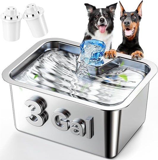 PETNF Dog Water Fountain for Large Dogs, 11L/3Gallon Stainless Steel Large Dog Fountain Water Bowl, Automatic Pet Water Bowl Dispenser with 2 Filters Indoor, Quiet and Safe Pump, Easy to Clean