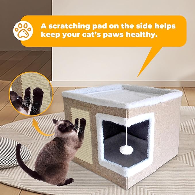 Cat Bed for Indoor Cats Cube House,Large Covered Cat Beds Cave & Furniture with Fluffy Ball and Scratch Pad Foldable Hideaway Nest & Condo with Washable Mat for Kitten Kitty Small Pet(Beige)