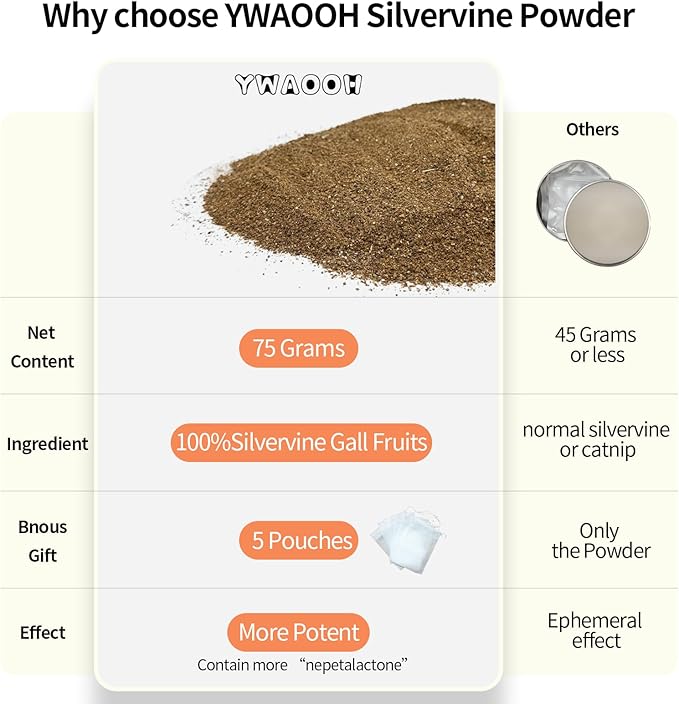 Cat Toys - Silvervine Powder 75g with 5 Little Pouches (Upgrade), Catnip Alternative, 100% Natural Silver Vine Gall Fruit Powder, Matatabi Cat Toy, Suitable for All Cat Ages
