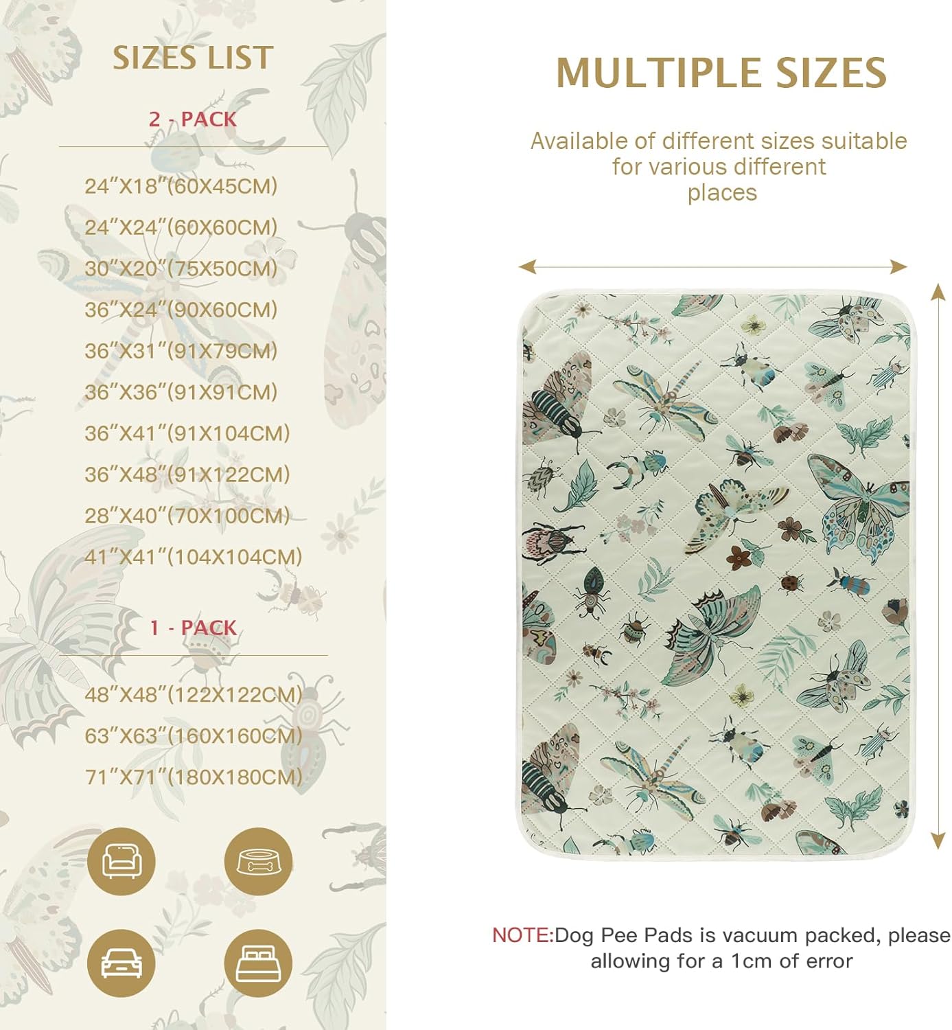 IEUUMLER Washable Pee Pads for Dogs, 1 Pack Insect Pattern Reusable Waterproof Puppy Potty Pads, Non-Slip Absorbent Pet Training Pads for Playpen Crate Bed EU014