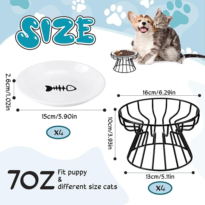 Roshtia 4 Sets Elevated Cat Bowls Ceramic Raised Cat Food Bowls with Metal Stand Dishwasher Safe Dishes Non Slip Elevated Food Plate(Black,Fishbone)