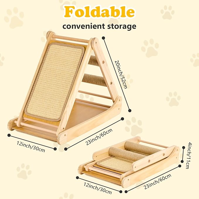 Sisal Cat Scratcher, Foldable Wooden Cat Scratcher and Lounge, Cat Ramp and Cozy Nest for Indoor Cats
