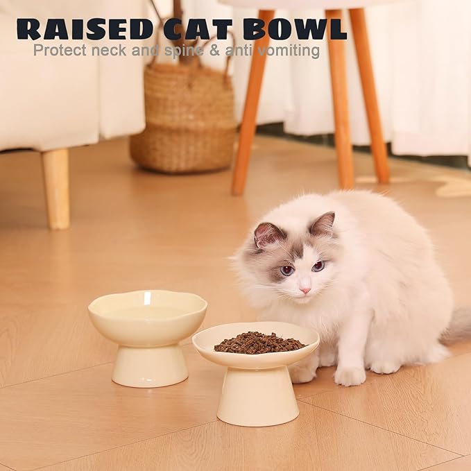 6.1" Wide 1.57" Deep Elevated Cat Bowls, Ceramic Water Bowls for Flat Faced Cats,Cat Feeder,Stress Free,Protect Cat’s Spine,Cream