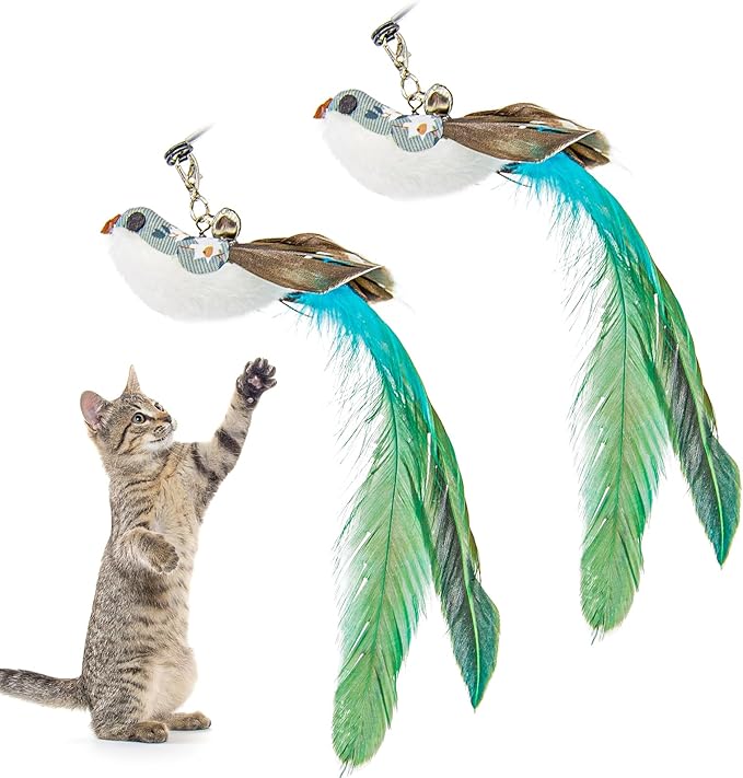 2 Pcs Interactive Bird Simulation Cat Toy Set with Bells, Hide and Seek Cat Toys Replacement Wand for Indoor Cat and Kitten