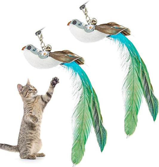 2 Pcs Interactive Bird Simulation Cat Toy Set with Bells, Hide and Seek Cat Toys Replacement Wand for Indoor Cat and Kitten