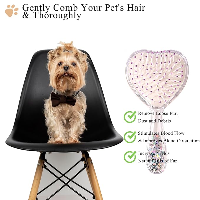 Small Dog Brush, Soft Brush for Shih Tzus, Yorkies, Maltipoos, Maltese, Love Shape Puppy Massaging Hair Comb for Small Dogs Cats Rabbits of All Hair Types (Glitter Purple)