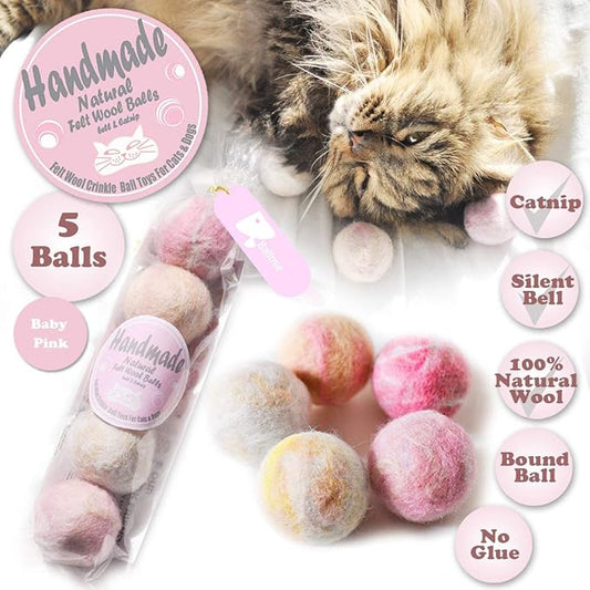 Felt Wool Cat Toys Ball with Catnip and Bell, Natural Handmade (Baby Pink (5 Units))