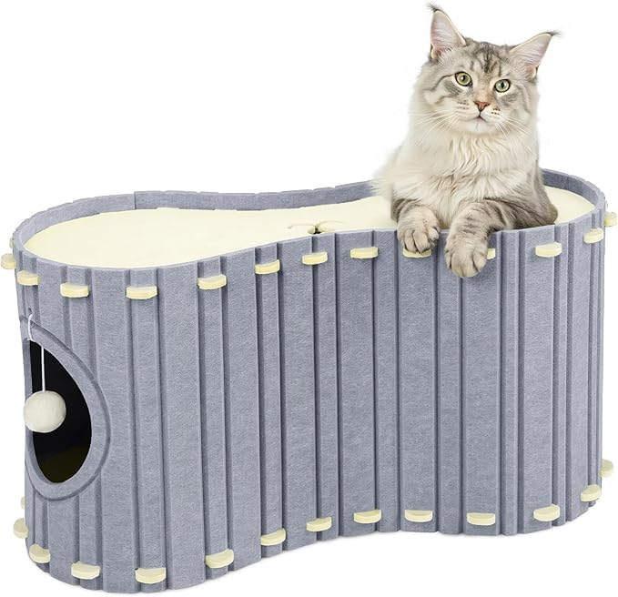 Babepets Cat House for Indoor Cats, Large Felt Bed Cave with Ball Hanging, Foldable Cat Condo, Scratch Resistant Peekaboo Hideaway for Multiple Pets up to 20Lbs, Cat Tunnel Enclosed Bed, Grey