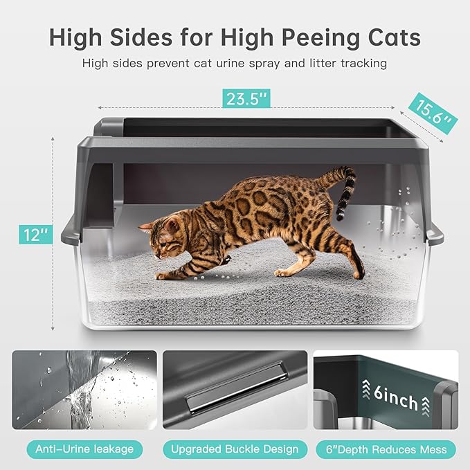 Enclosed Stainless Steel Cat Litter Box with Lid, XL Extra Large Litter Box for Big Cats, Metal Litter Pan High Sided, Never Absorbs Odors, Anti-Urine Leakage, Easy Cleaning, Include Scoop