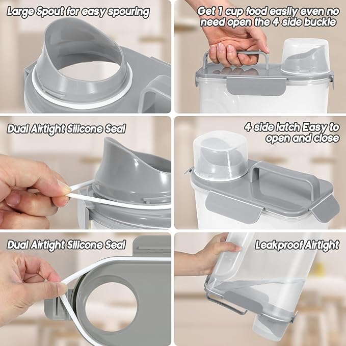 5-7Lbs Dog Cat Food Storage Container with Upgraded Large Nozzle BPA-free, 4 Snap Seals Plastic Pet Food Storage Containers with Handles (2, Light Gray, 5L)