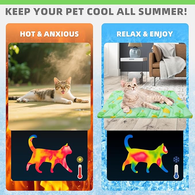 KOOLTAIL Cat Cooling Mat, Upgraded Two Sided Cooling Pad for Dogs Cats Puppy, Soft Pet Sleeping Blanket Keep Cool in Summer with Cute Fruit Pattern, Washable Waterproof for Crate Sofa Bed, Green S